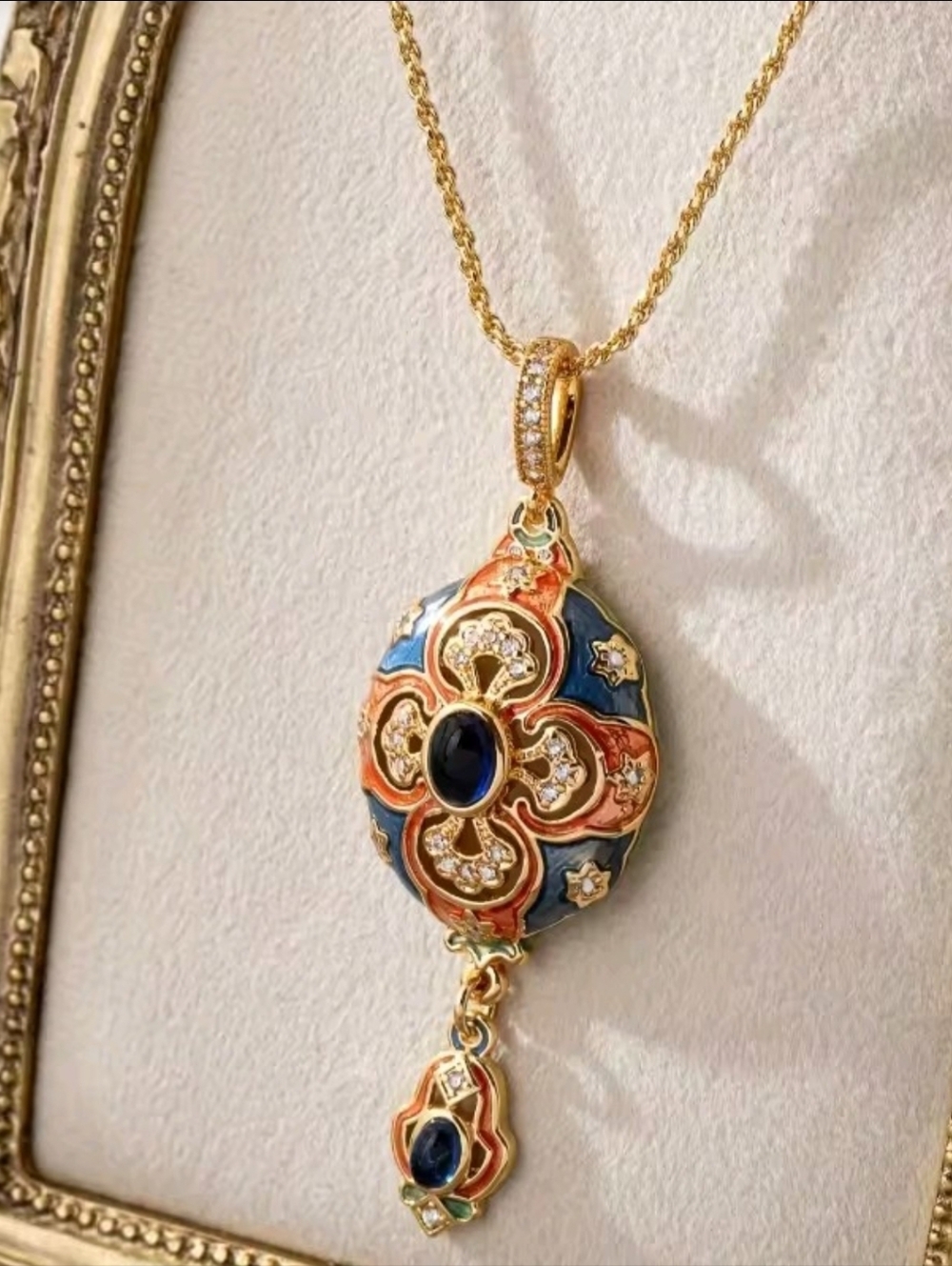 Vintage Gold-Tone Blue and Orange Enamel Pendant Necklace - Picture 2 of 7